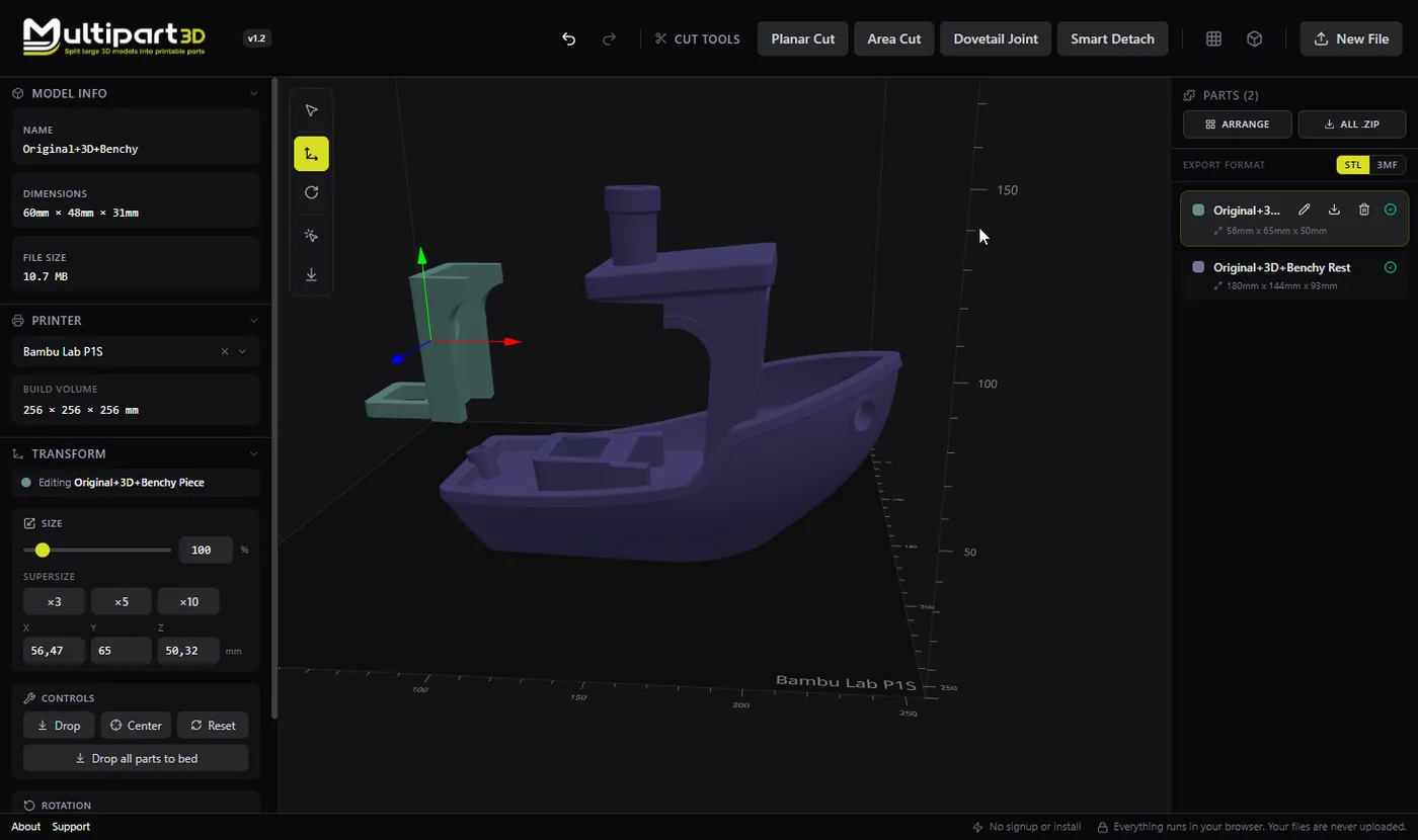 Detached area-cut piece moved away from the Benchy hull