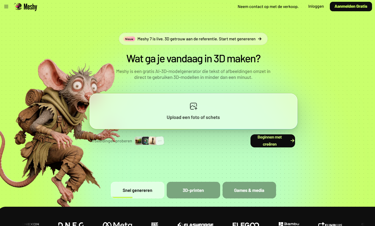 Meshy homepage: AI 3D generator with photo upload and a sign-up button