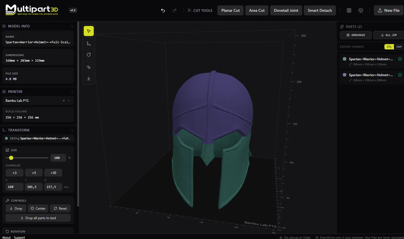 Multipart3D after a planar cut, with the Spartan helmet in two parts and both listed for export