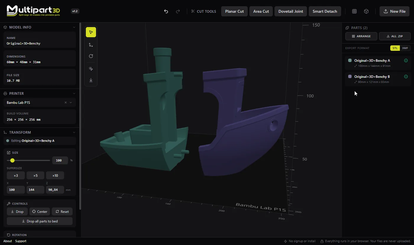 Two Benchy halves after a planar cut, listed as separate parts