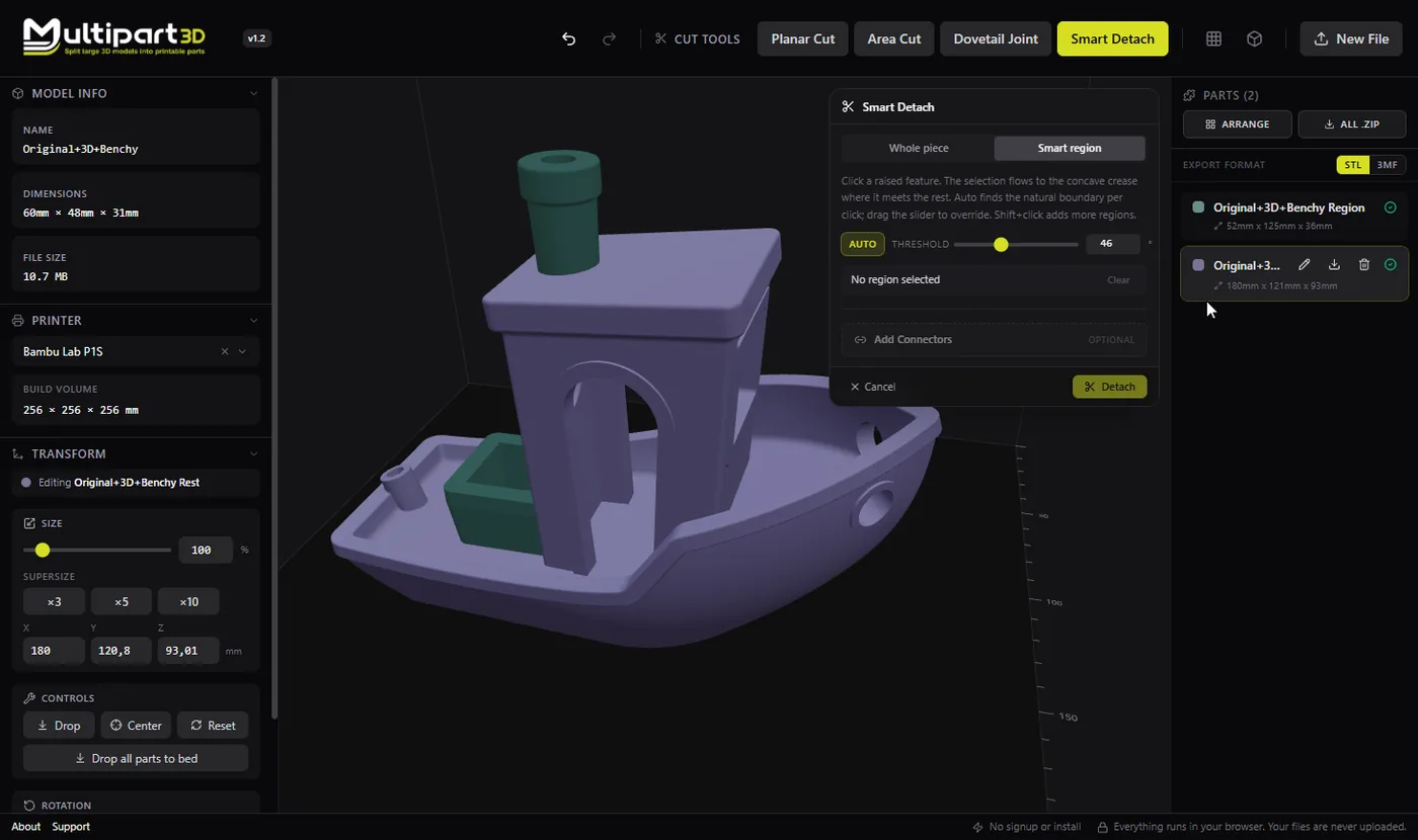 Smart detach with the selected Benchy chimney listed as its own part