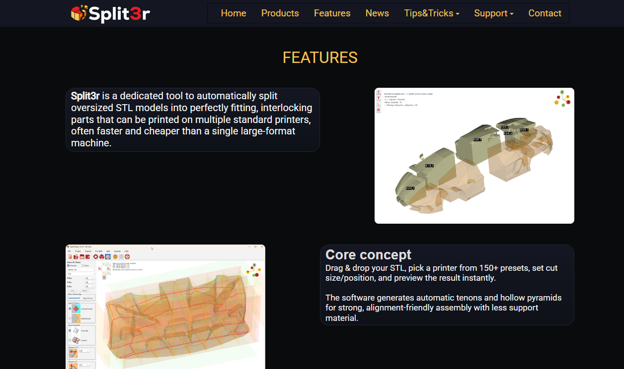 Split3r desktop app showing an exploded car model with numbered parts