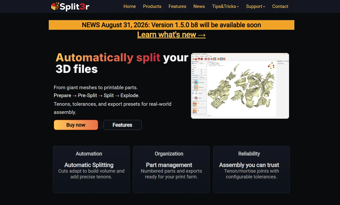 Split3r homepage with the Prepare, Pre-Split, Split, Explode workflow and a model in the app preview